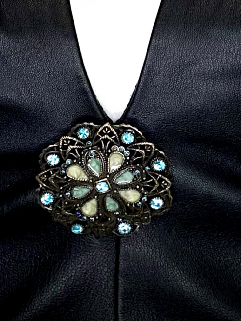 Vintage Filigree Brooch - Blue Rhinestone & Pastel Cabochon Pin